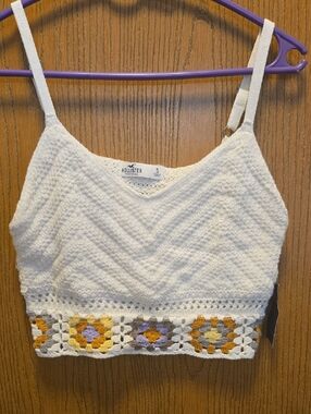 Hollister White Crochet Crop Tank with Yellow & Purple Floral Trim